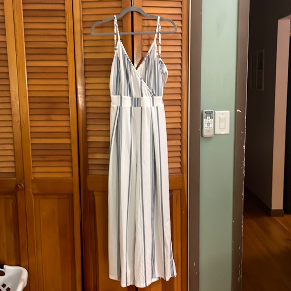 Blue and white striped lightweight romper